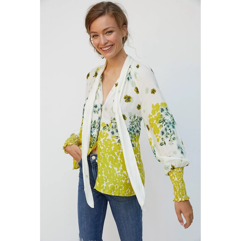 Anthropologie Blouse Womens L Yellow Tie Neck Floral Smocked Cuffs Boho Whimsy